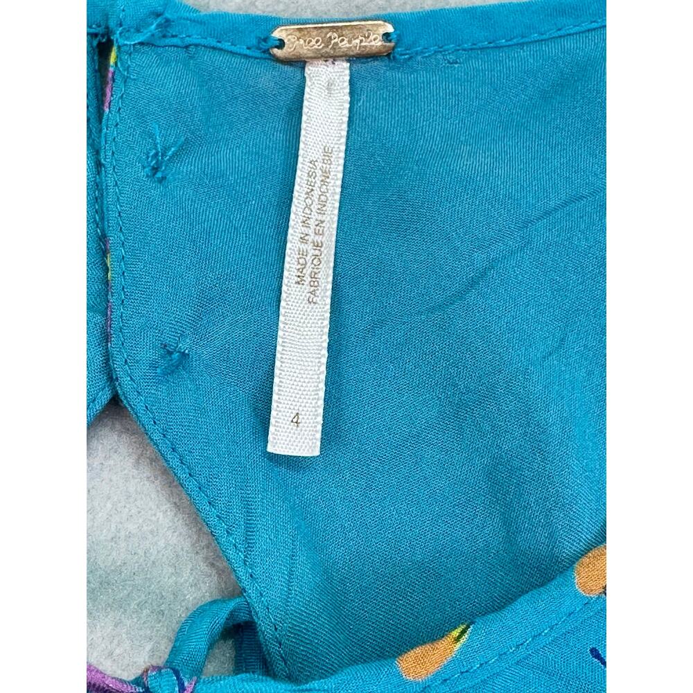 Free People Coryn Mini Dress Cherry Print Teal Blue Green Cut Out Pleated Size 4 - Picture 7 of 12
